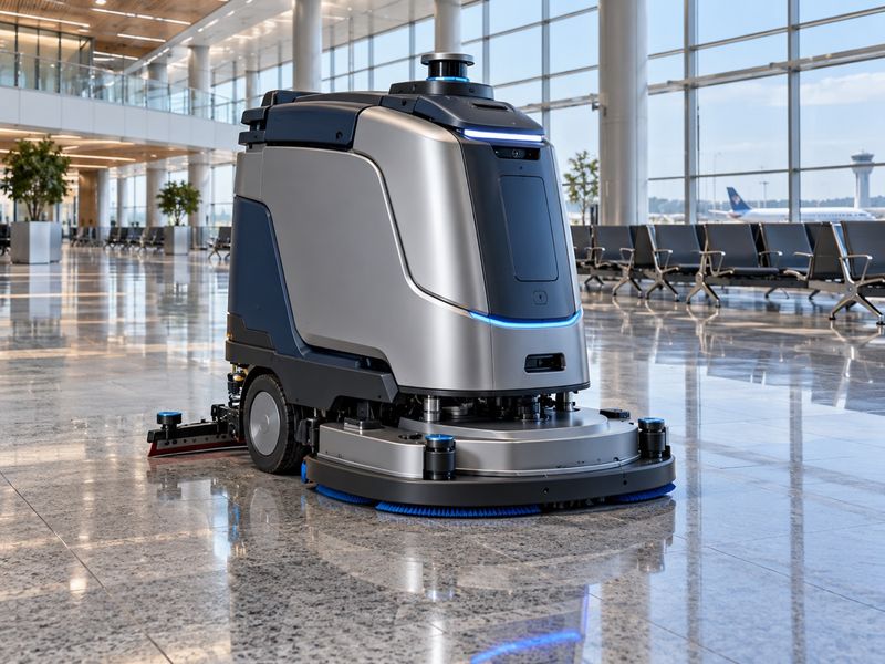 KI-Konzeptbild: Großer Bodenreinigungsroboter in einer Flughafenhalle.