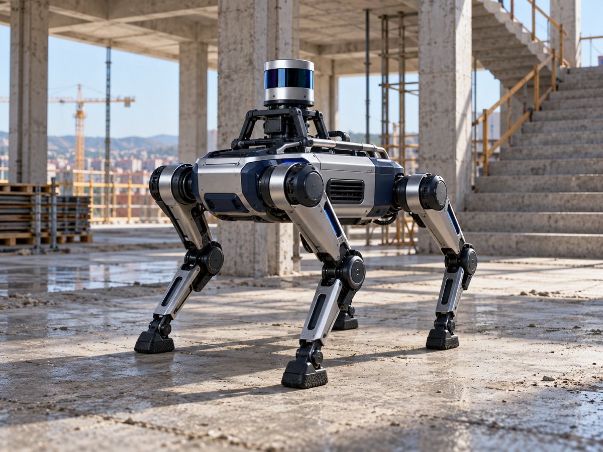 KI-Konzeptbild: Vierbeiniger Inspektionsroboter mit Laserscanner auf einer Baustelle.