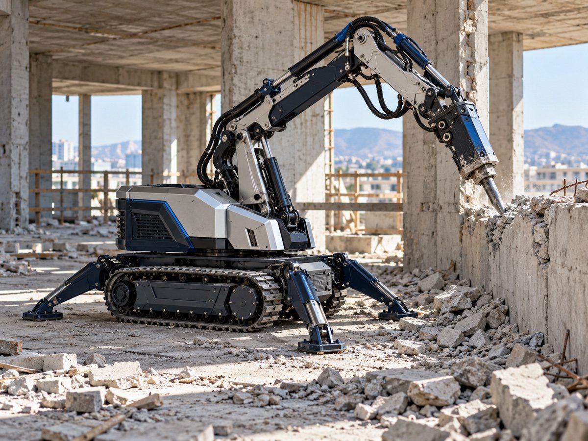 KI-Konzeptbild: Kompakter Abbruchroboter mit Hydraulikhammer im Rohbau.