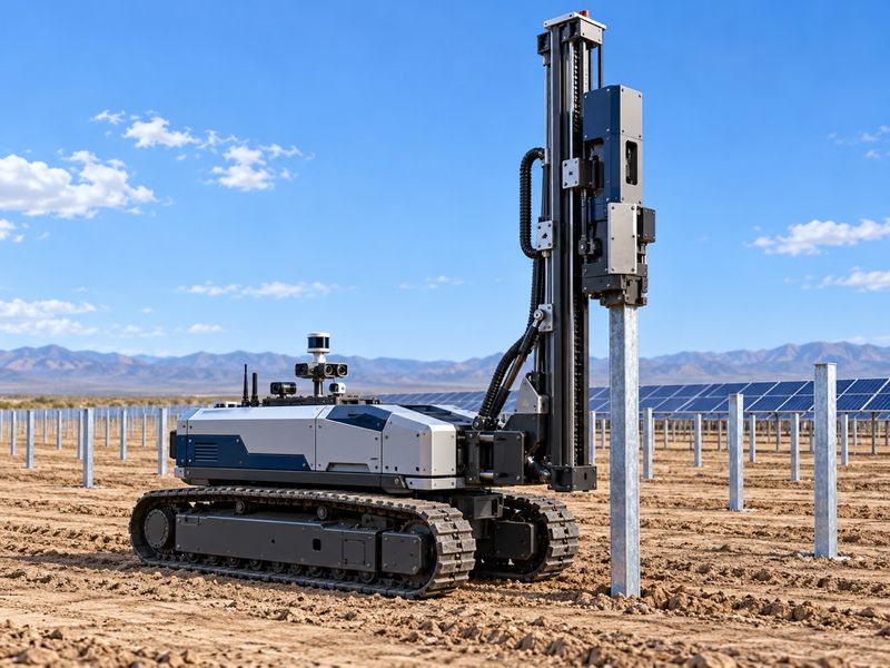 KI-Konzeptbild: Autonome Pfahlramme beim Fundamentbau für einen Solarpark.