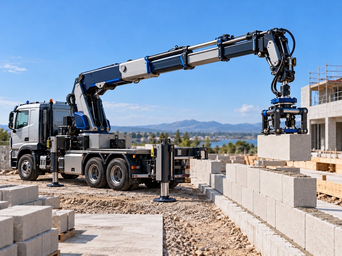 KI-Konzeptbild: Mobiles Robotersystem setzt einen Mauerblock auf einer Baustelle.