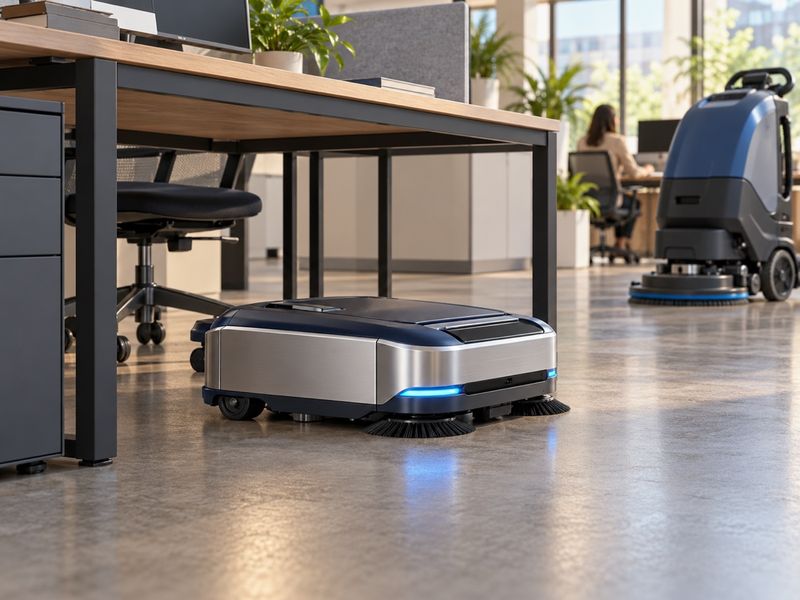 KI-Konzeptbild: Niedriger kompakter Reinigungsroboter unter einem Bürotisch.