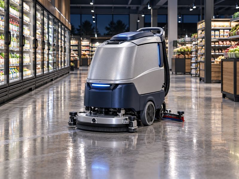 KI-Konzeptbild: Autonome Scheuersaugmaschine reinigt einen Supermarktgang.
