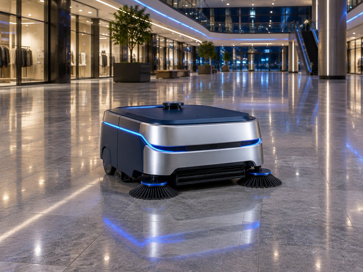 KI-Konzeptbild: Autonomer Trockenreinigungsroboter mit Seitenbürsten in einem Einkaufszentrum.