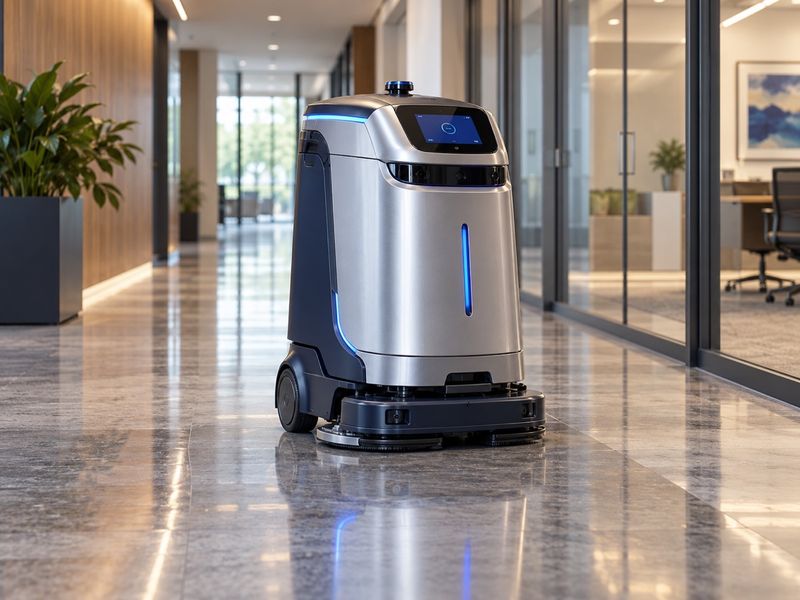 KI-Konzeptbild: Kompakter Gebäudereinigungsroboter im Büroflur.