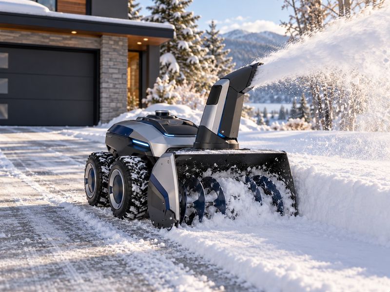 KI-Konzeptbild: Autonomer Schneeräumroboter mit seitlichem Schneeauswurf.