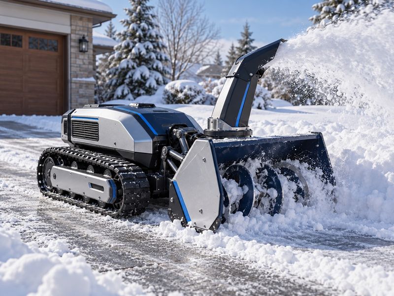 KI-Konzeptbild: Modularer Hofroboter mit Schneefräsen-Aufsatz auf einer Einfahrt.