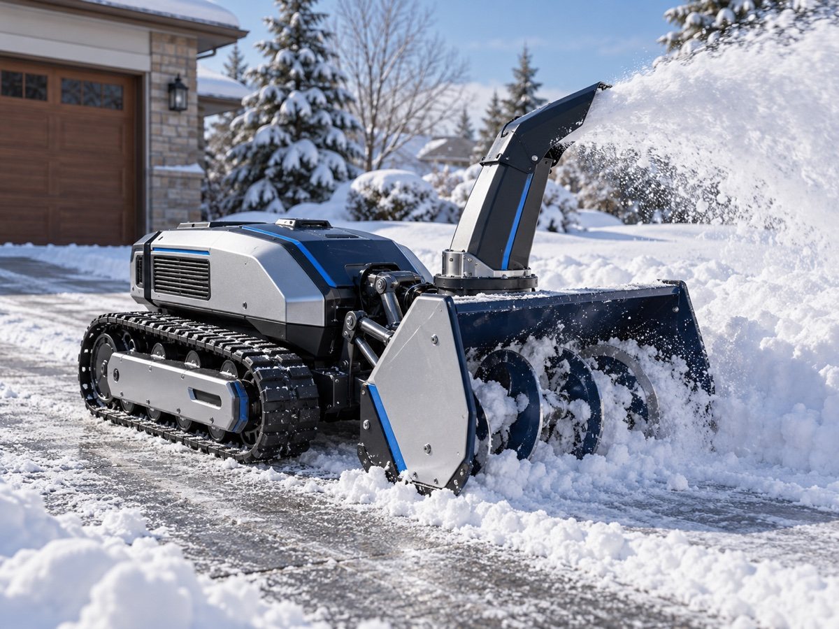 KI-Konzeptbild: Modularer Hofroboter mit Schneefräsen-Aufsatz auf einer Einfahrt.